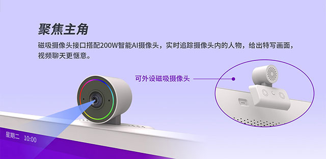 银娱优越会·geg科技智由屏配置200万高清磁吸摄像头，即插即用
